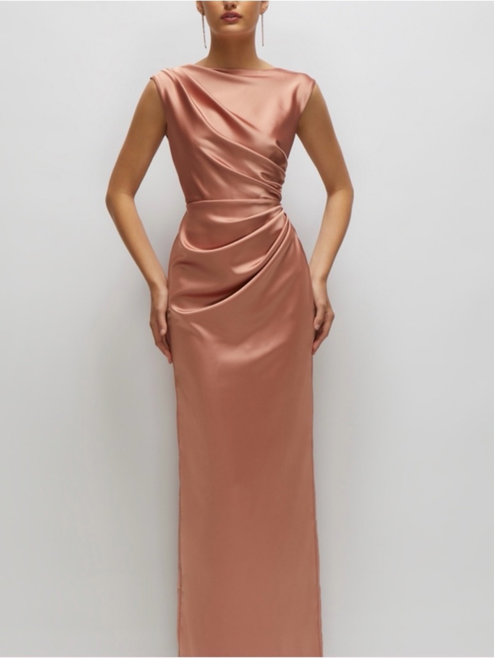 After Six Satin Ruched Evening Gown - Nude